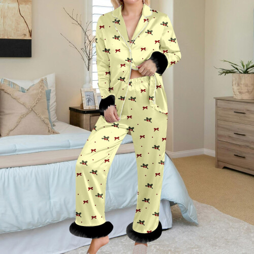 Dame flannel pyjamassæt med sløjfeprint, 2 dele 1
