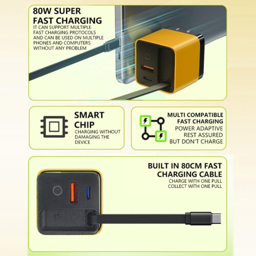 Carregador GaN 80W 3 em 1 com cabo USB-C e 2 portas USB. 1