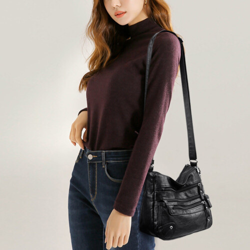 Borsa a tracolla da donna in morbida pelle nera, classica multistrato 2