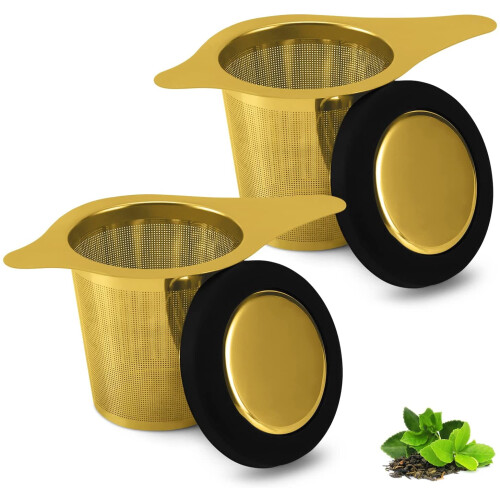 Cestello infusore per tè in acciaio inox dorato con coperchio e