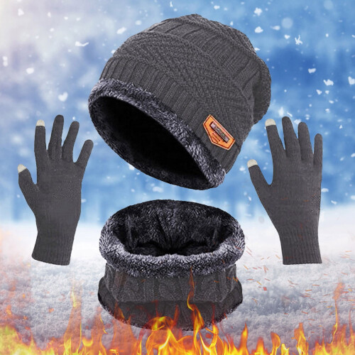 Set di 3 pezzi per sport invernali: cappello, sciarpa e guanti, foderati in pile grigio.