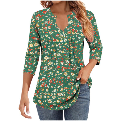 Women's V-Neck Pleated Blouse 3/4 Sleeve