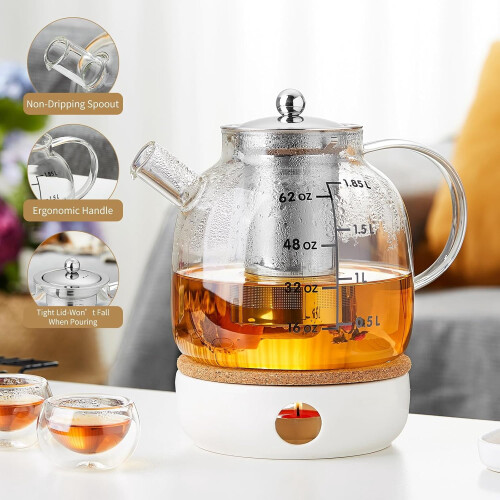 Théière en verre avec infuseur, 2000 ml, compatible avec les plaques de cuisson. 2