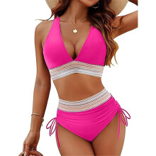 Costum de baie pentru femei, cu control al abdomenului, două piese, în blocuri de culoare, roz