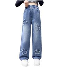 Denim Pants for Girls Blue Wide Leg Casual Trouser with Bow