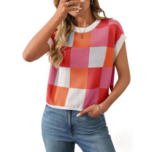 Women's Summer Knit Sweater Rose Red Short Sleeve