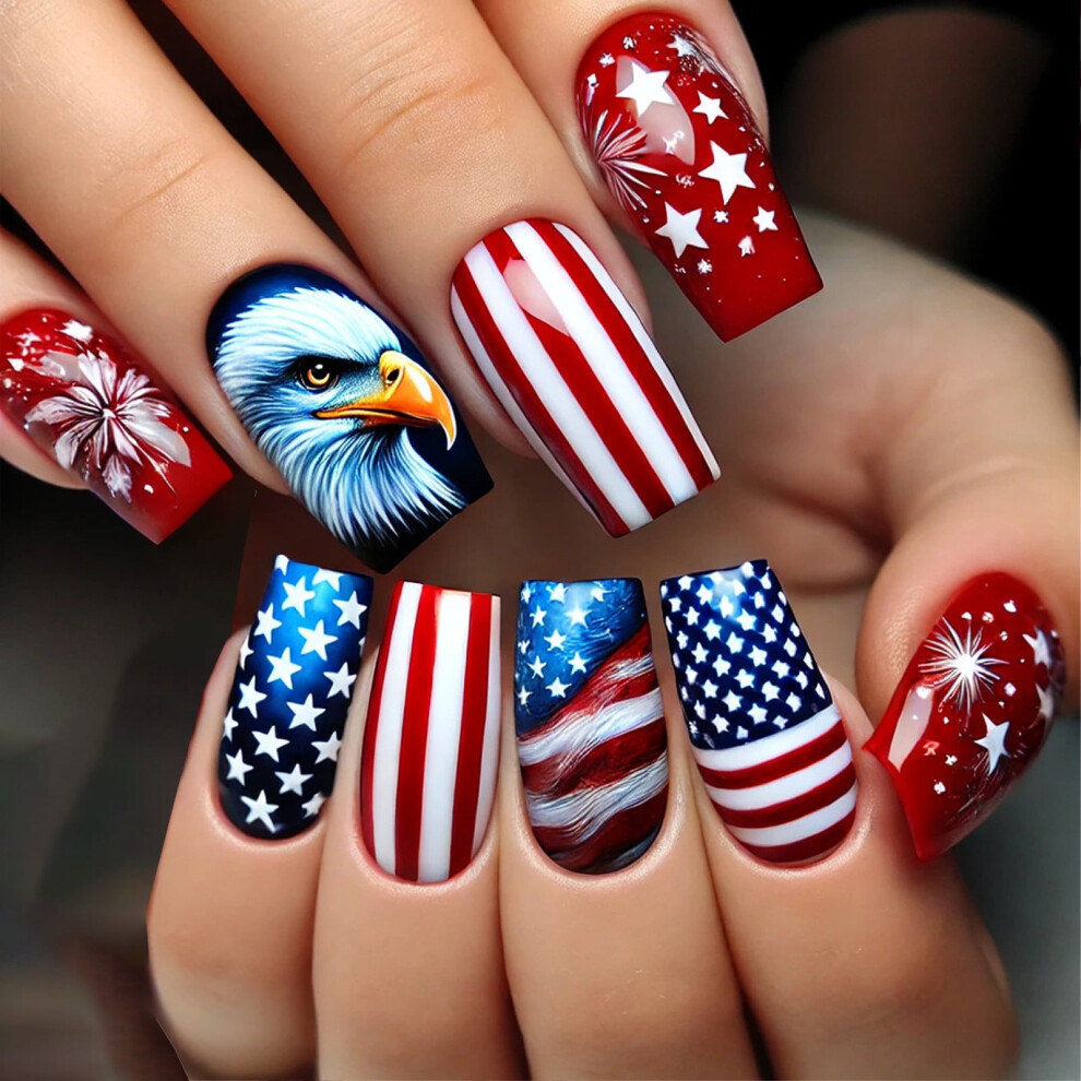 4th of July Press-On Nails Almond Bling Red Silver Stars 24