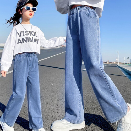 Girls Light Blue Denim Pants with Pockets 1 Pair 2