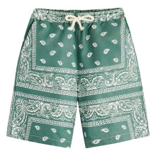 Pantalones cortos de playa para hombre con estampado paisley estilo boho y cintura ajustable con cordón.