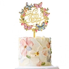 Set decor tort acrilic cu fluturi florali, 3 piese