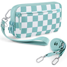 Damesportemonnee met ruitjespatroon, RFID-functionaliteit en 4 ritsen.