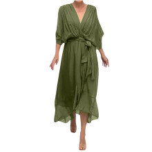 Women's Chiffon Dress with Batwing Sleeves V Neck Elastic