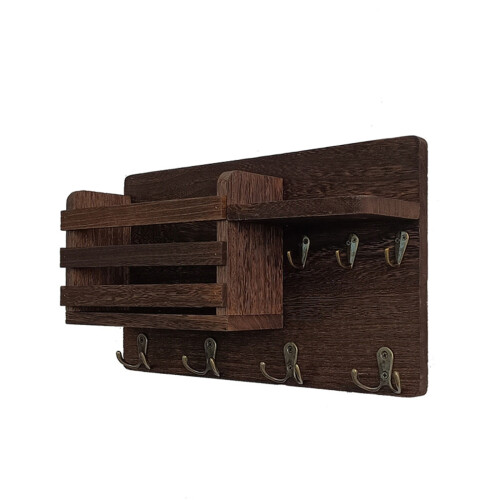 Wall Mount Key Hooks Iron Wood 6 Hooks Brown