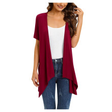 Cardigã feminino leve de manga curta e frente aberta, vermelho