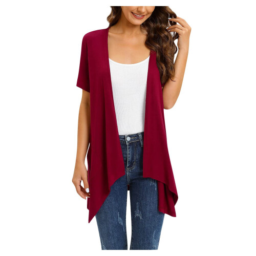 Women's Lightweight Short Sleeve Open Front Cardigan Red M