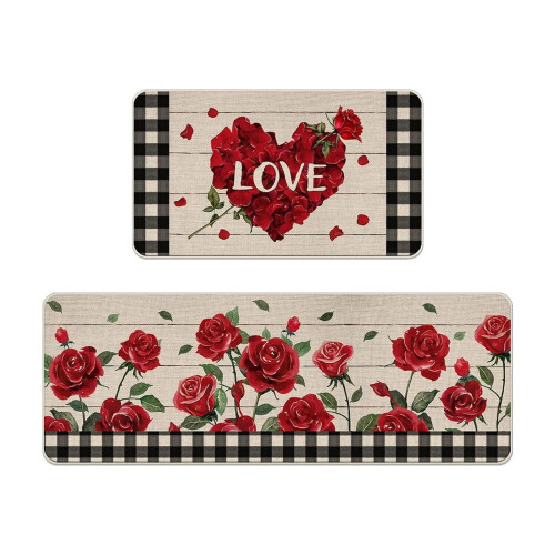 Keukenmatten set, antislip, absorberend, rood, polyester, 2 stuks