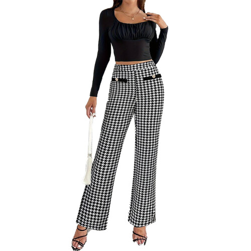 Γυναικείο παντελόνι Houndstooth με φαρδιά μπατζάκια, ψηλόμεσο και τσέπες