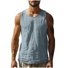 Men's Cotton Linen Tank Top Summer Sleeveless Crewneck Tee