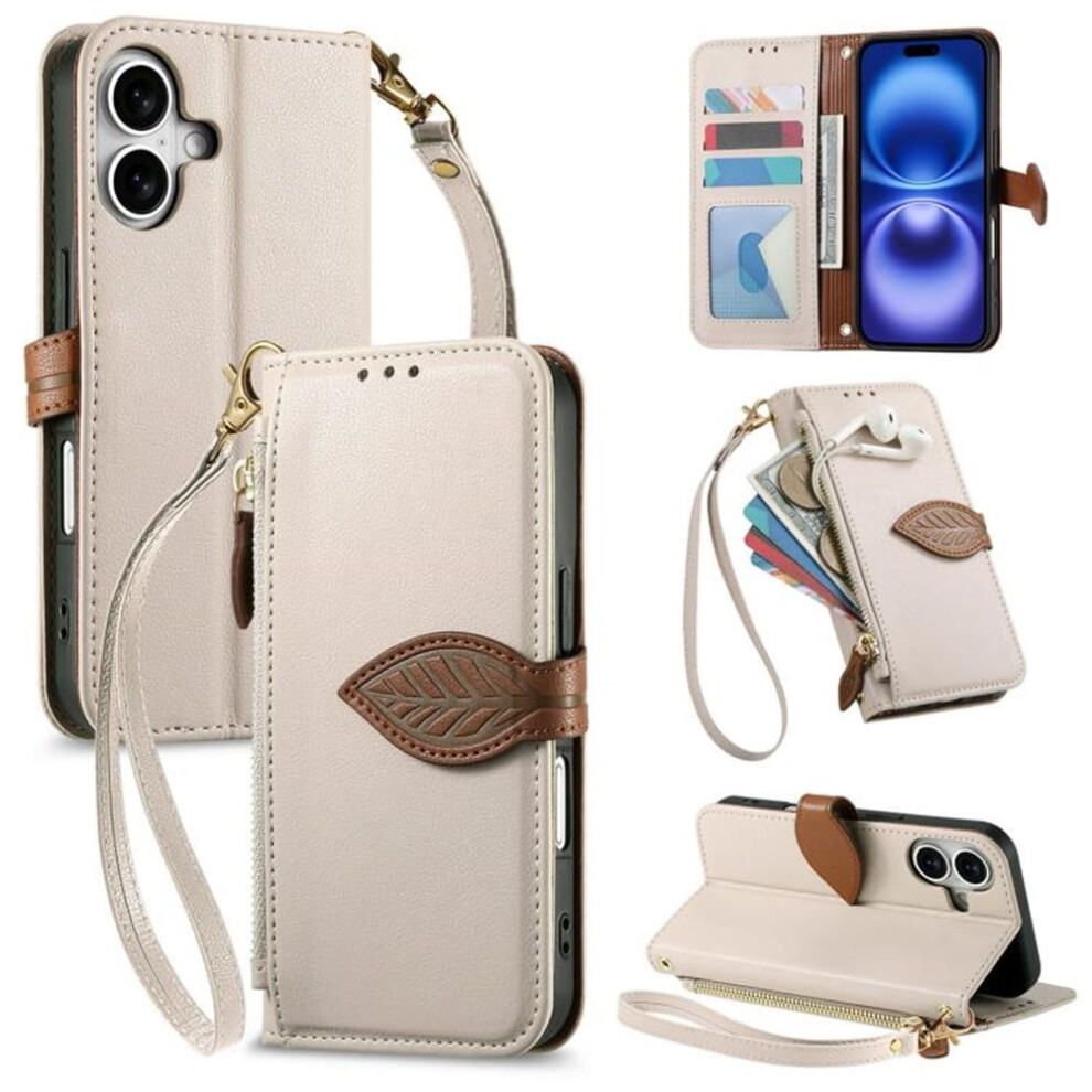 Leather Flip Wallet Case For Iphone 16 Plus Â Leaf White 9130661418287
