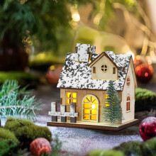 Log Cabin Ornaments Light Brown Wooden Christmas Decor 3 Pcs