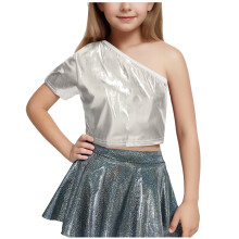 Girls One-Shoulder Short-Sleeve Shiny Dance Crop Top