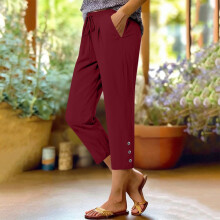 Calças capri femininas em mistura de linho com cintura ajustável por cordão e