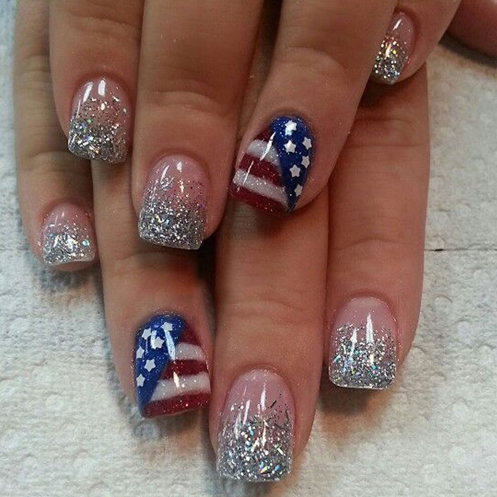 4th of July Press-On Nails â Bling Almond Red/Silver