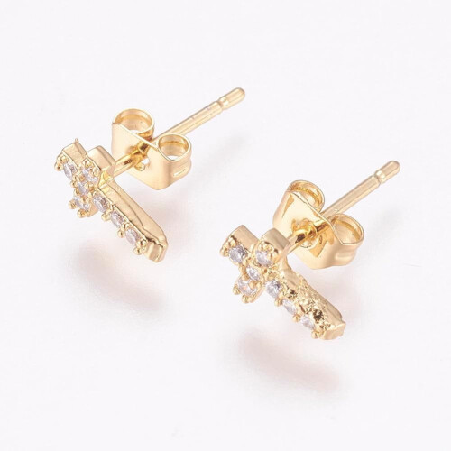 Brass Cross Stud Earrings with Micro Pave Cubic Zirconia