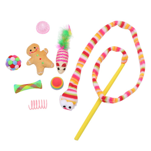 Cat toy stocking-shaped plush set with mouse and wand