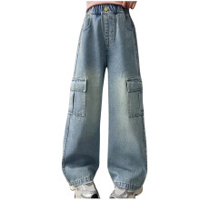 Mädchen-Jeans-Cargohose, hoher Bund, weites Bein, Größe 9-10 Jahre