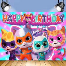 Cartoon Super Kitties Birthday Backdrop 94x71 inches