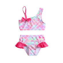 Girls one-piece swimsuit with ruffle and bow, pink floral