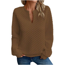 Women's Quilted Pullover Sweatshirt V-Neck Long Sleeve