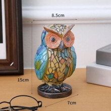 Stained Owl Resin Table Lamp Handmade Vintage Design for Bedroom Living Room Reading Corner Warm Light Home Decor(Button Battery,A)