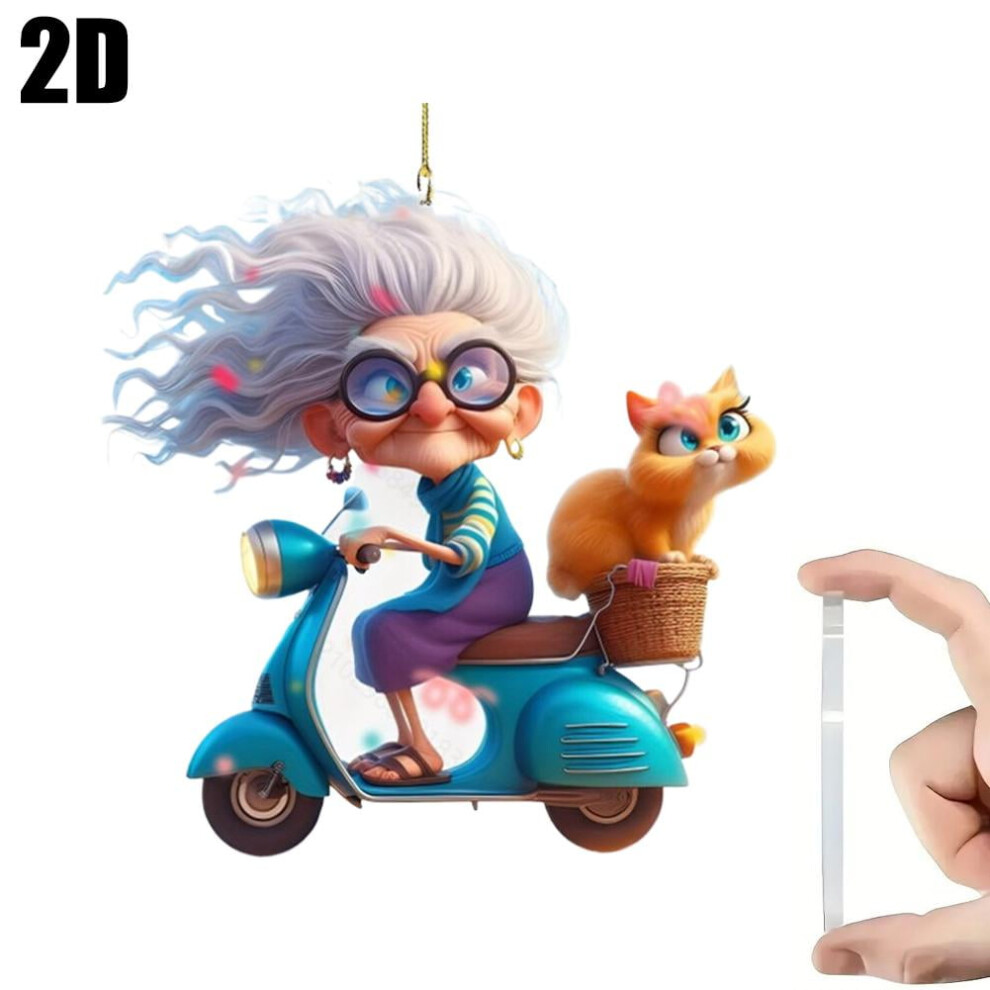 Car Pendant Acrylic Flat 2D With Grandma And Cat 908436678605