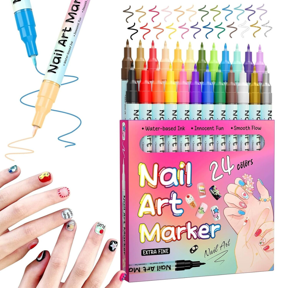 Waterproof Nail Art Pens Set 24 Colors 0.5mm Fine Tip