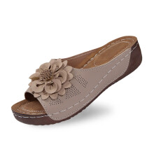 Slippers for Women,Stylish Opentoe Wedges With Leather Top And Flower Slippers Are Comfortable Shoes With Temperament,Womens Slippers,Beige,9