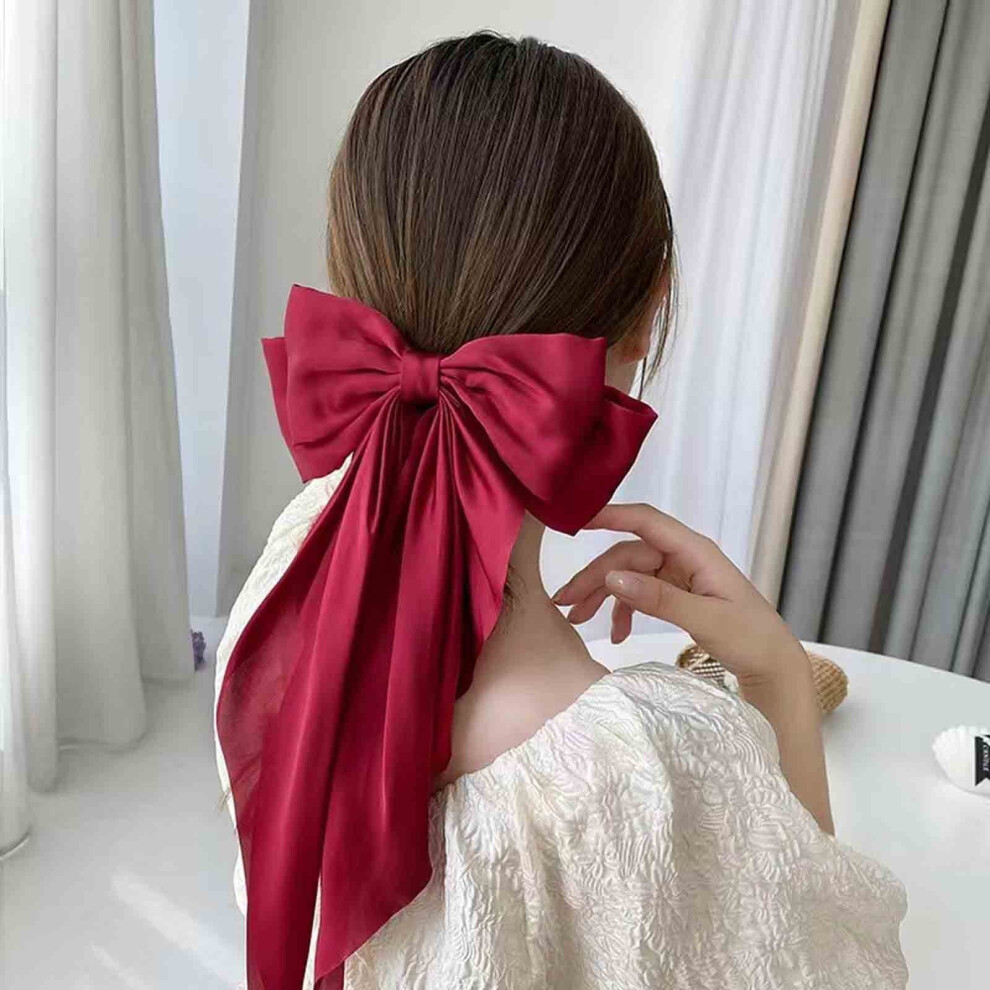 Hair Clip for Women Long Tailed Tassel Ribbon Bow Solid