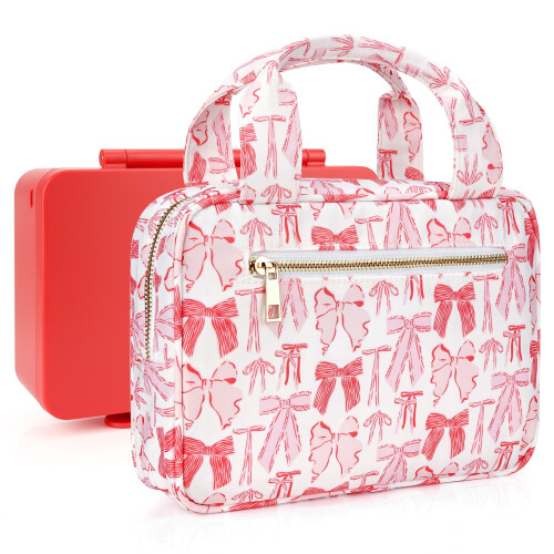 Lancheira térmica rosa com bolsos com zíper.