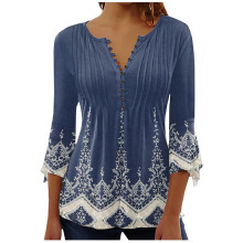 Bohemian Top for Women V Neck 3/4 Flare Sleeve Floral Print
