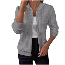 Womens Cable Knitted Hoodies Solid Color Zip Up Hooded Long Sleeve Sweatshirt Cardigan Sport Blouse