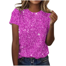 Damen-T-Shirt mit Glitzerprint, Rundhalsausschnitt, Kurzarm