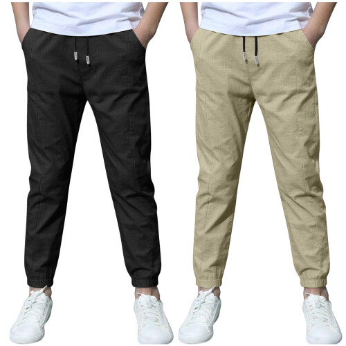 Boys Linen Pants Summer Chino Drawstring Trousers Black 2