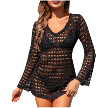 Women's Crochet Beach Cover-Up Long Sleeve Hollow-Out Dress