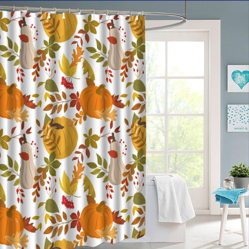 Cortina de chuveiro com estampa de abóbora, em poliéster impermeável, 90 x 180 cm (35,4 x 70,9 polegadas).