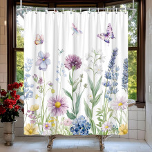 Douchegordijn met lentebloemen in paars en blauw, aquarelstijl, 60x72 inch