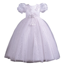Girls' White Princess Gown Tulle Skirt Puff Sleeves