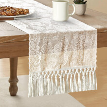 Chemin de table en dentelle beige style rustique vintage 35 x 180 cm avec pompons