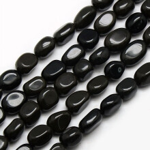 Obsidian perlestreng svart tumlet stein 8-12mm 34-36 stk