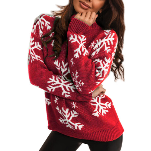 Damen-Weihnachtspullover mit Schneeflockenmuster, rot, langärmelig 2